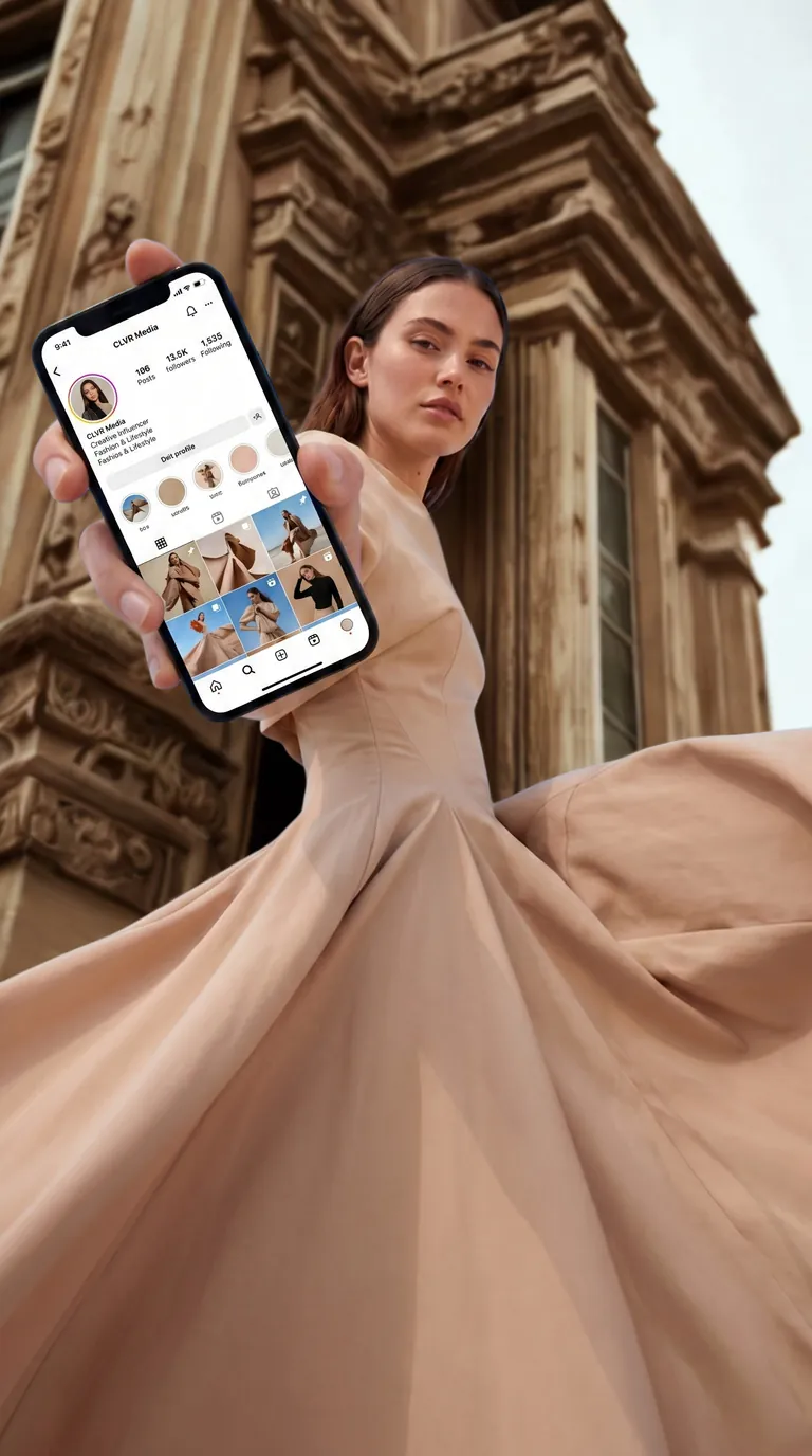 Model im fließenden Kleid hält ein Smartphone mit Instagram-Profil