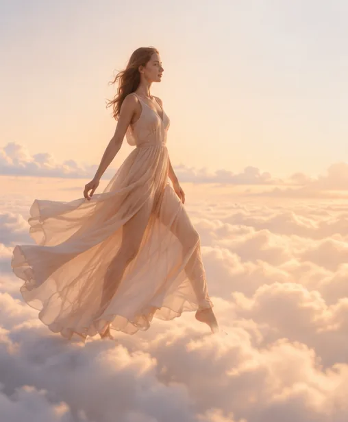 Frau im fließenden Kleid schwebt über einem Wolkenmeer