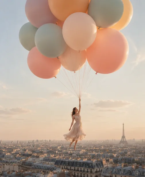 Frau schwebt an Luftballons über den Dächern von Paris