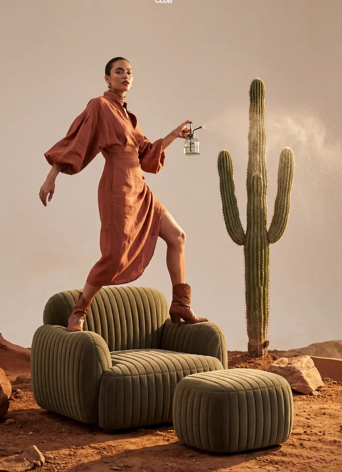 Editorial: Model im rostroten Kleid zwischen Kaktus und grünen Sesseln in der Wüste