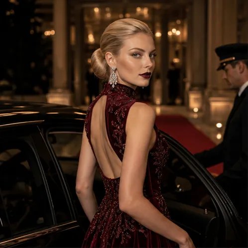 Videostill: Frau im roten Abendkleid vor einem Oldtimer